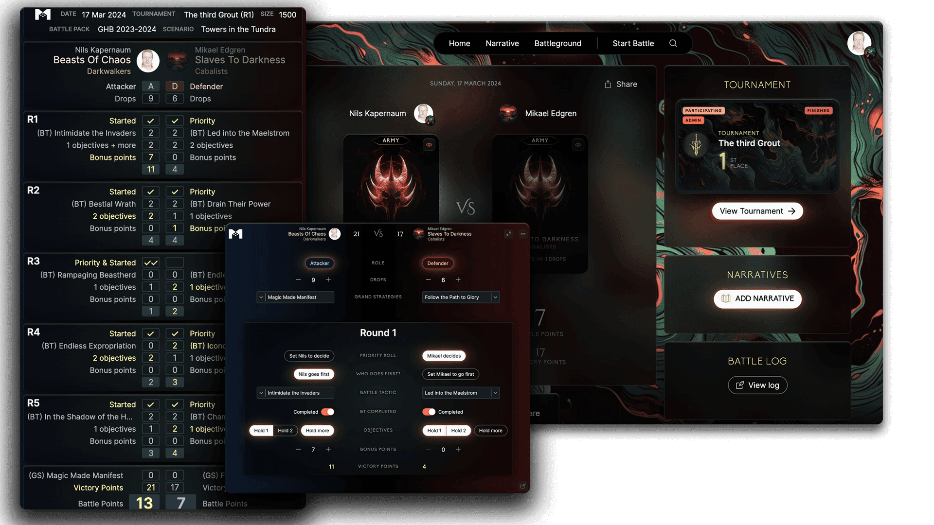 Battle result page with a scorecard and the game tracker