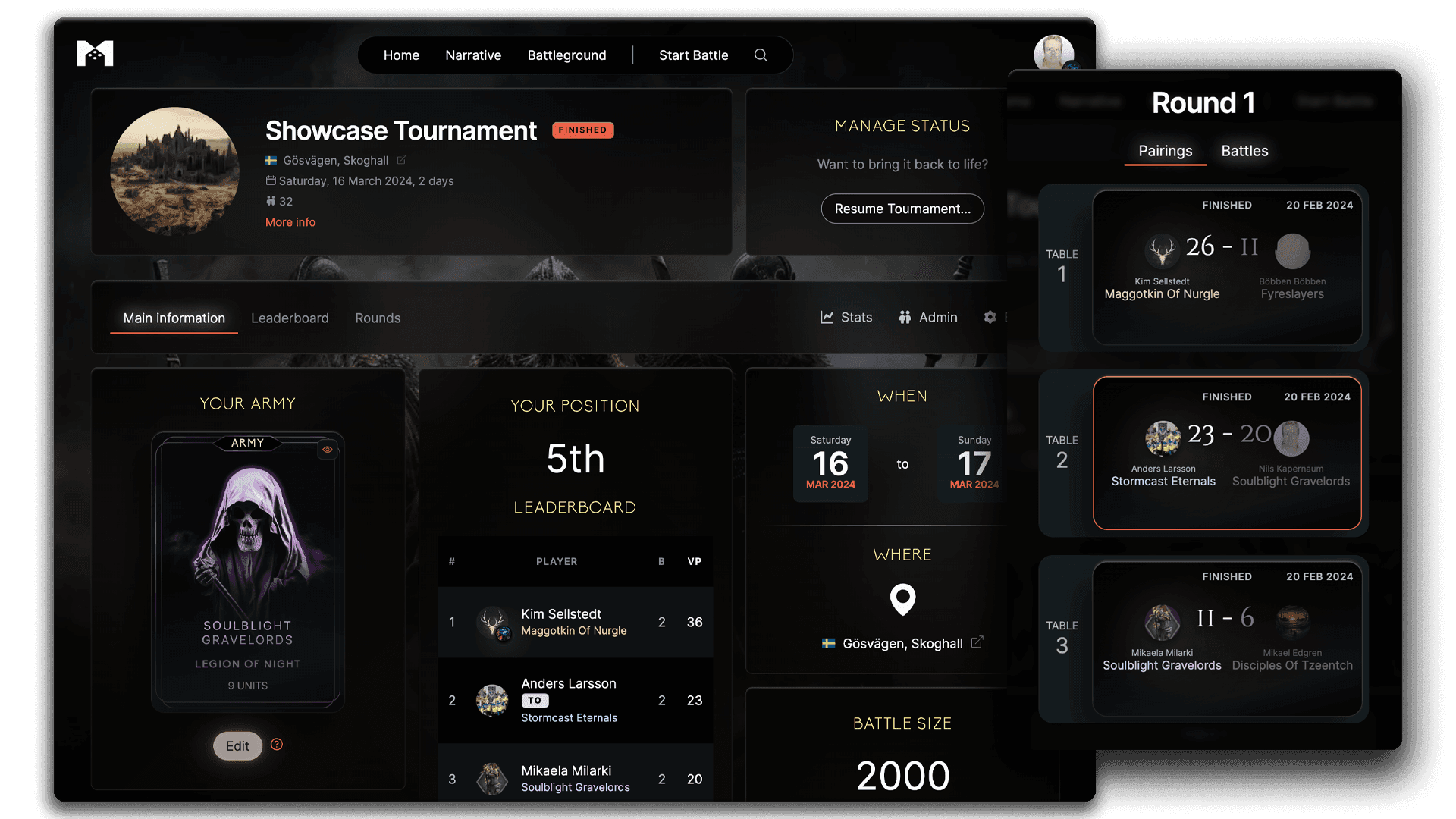 Tournament overview interface